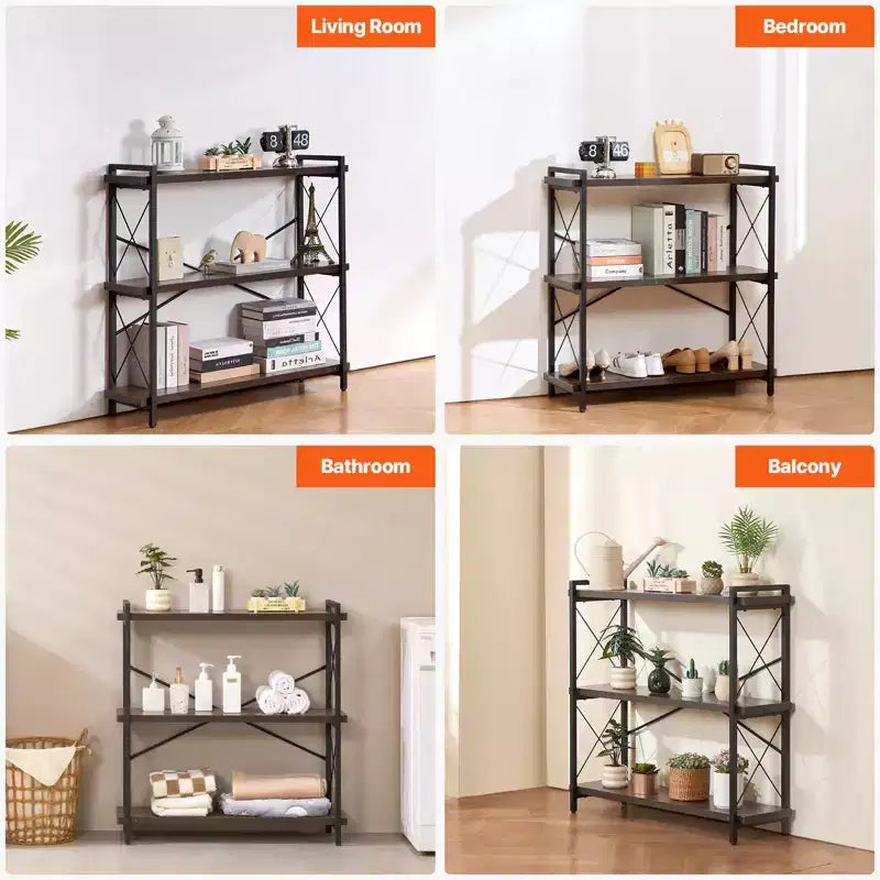 Metal Bookshelf, 3-Tier Industrial Bookshelf, Small Rustic Storage Display Bookcase with Open Shelves, Freestanding Display Vintage Shelving