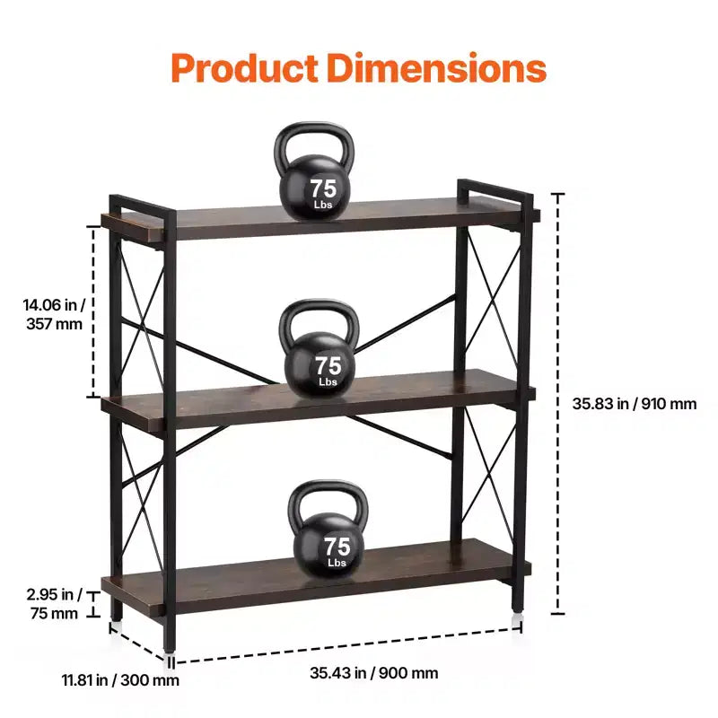 Metal Bookshelf, 3-Tier Industrial Bookshelf, Small Rustic Storage Display Bookcase with Open Shelves, Freestanding Display Vintage Shelving