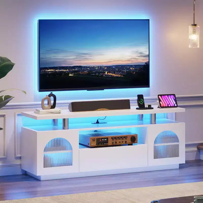 GARVEE TV Stand, Modern Entertainment Center with Power Outlets & LED Lights for 65 TV, Media Console with Large Drawer & Adjustable Shelves, White