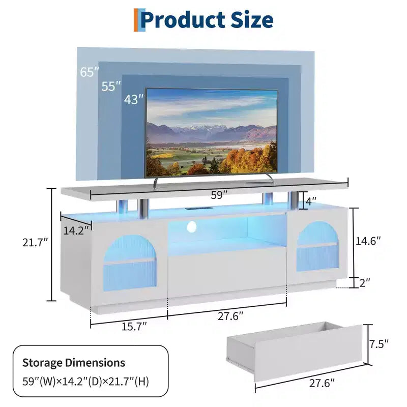 TV Stand, Modern Entertainment Center with Power Outlets & LED Lights for 65 TV, Media Console with Large Drawer & Adjustable Shelves, White