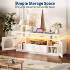 TV Stand, Modern Entertainment Center with Power Outlets & LED Lights for 65 TV, Media Console with Large Drawer & Adjustable Shelves, White