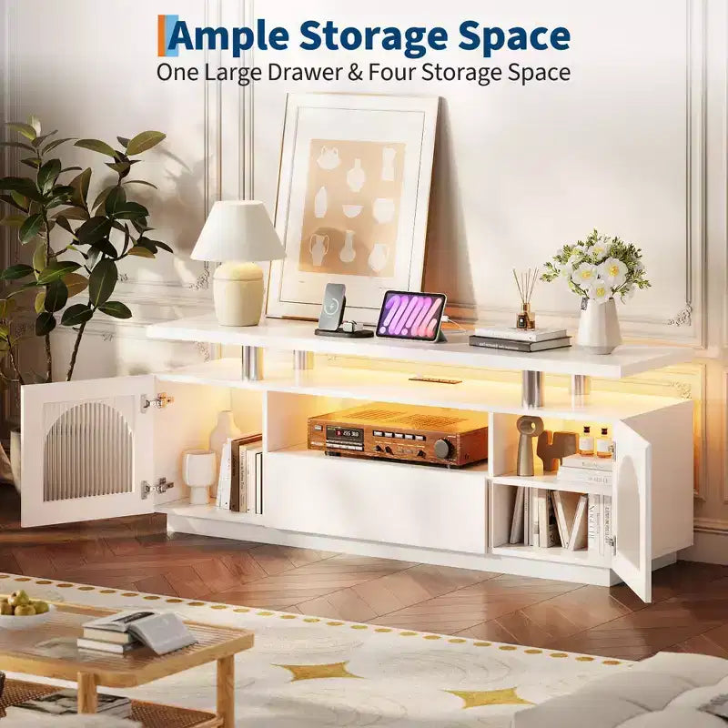 TV Stand, Modern Entertainment Center with Power Outlets & LED Lights for 65 TV, Media Console with Large Drawer & Adjustable Shelves, White