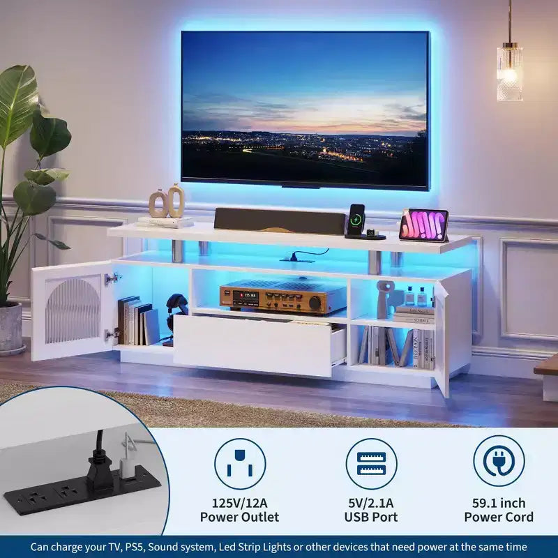 TV Stand, Modern Entertainment Center with Power Outlets & LED Lights for 65 TV, Media Console with Large Drawer & Adjustable Shelves, White
