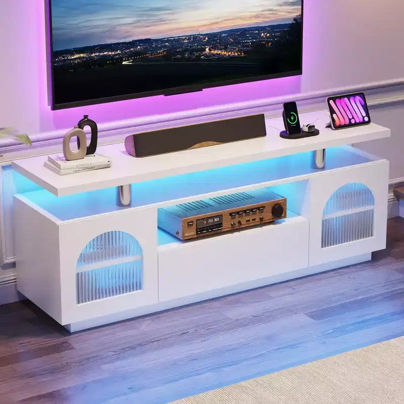 TV Stand, Modern Entertainment Center with Power Outlets & LED Lights for 65 TV, Media Console with Large Drawer & Adjustable Shelves, White