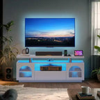 TV Stand, Modern Entertainment Center with Power Outlets & LED Lights for 65 TV, Media Console with Large Drawer & Adjustable Shelves, White