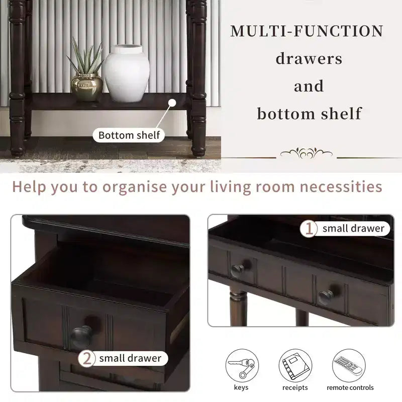 Narrow Console Table, Slim Sofa Table with Three Storage Drawers and Bottom Shelf (Espresso)
