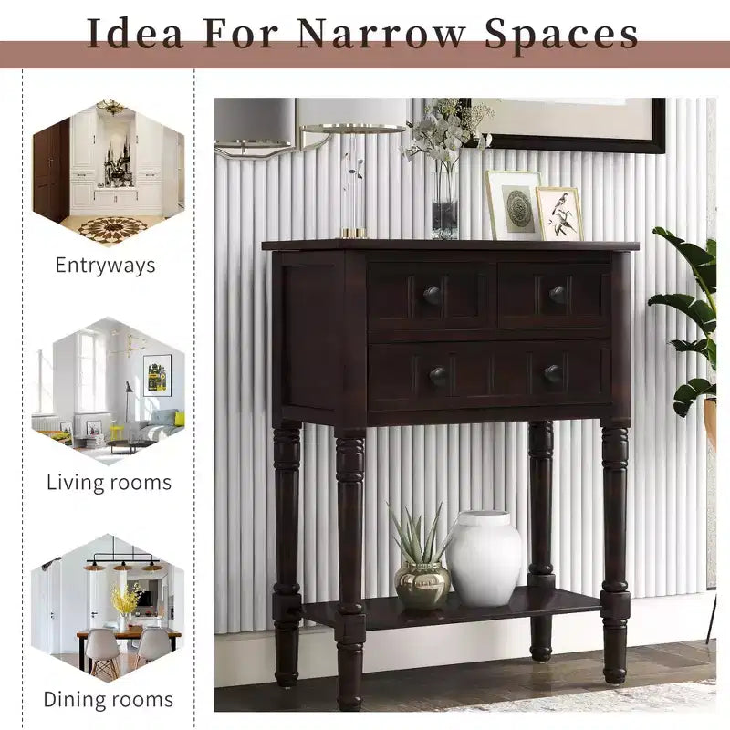 Narrow Console Table, Slim Sofa Table with Three Storage Drawers and Bottom Shelf (Espresso)