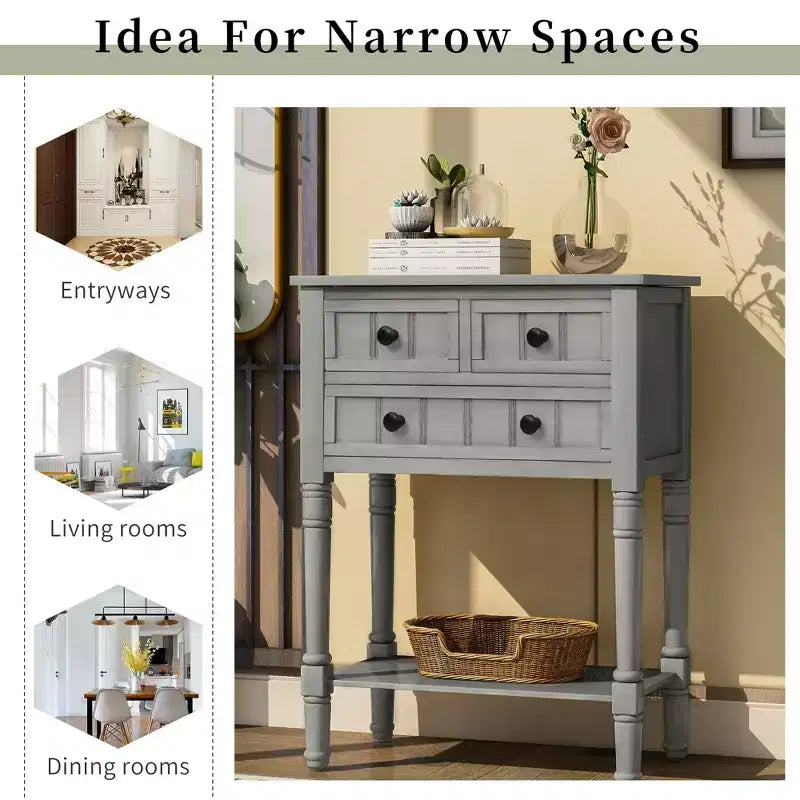 Narrow Console Table, Slim Sofa Table with Three Storage Drawers and Bottom Shelf (Espresso)