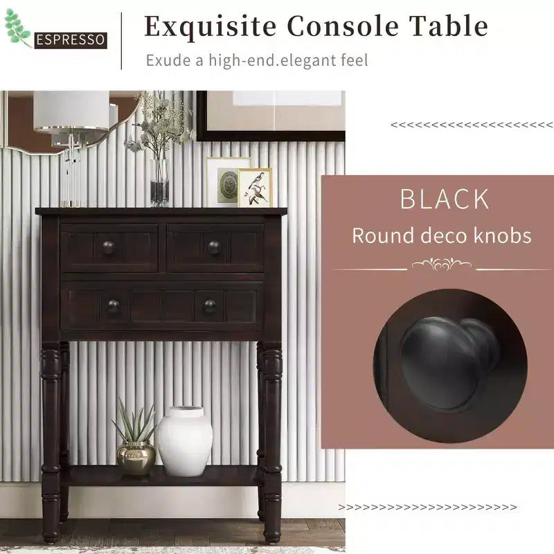 Narrow Console Table, Slim Sofa Table with Three Storage Drawers and Bottom Shelf (Espresso)