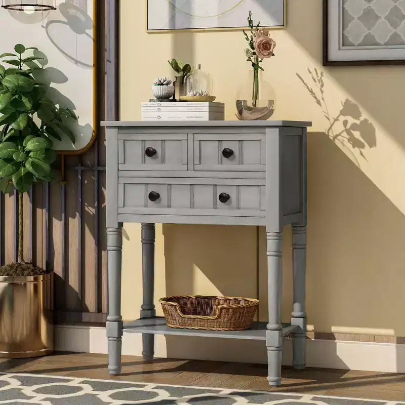 Narrow Console Table, Slim Sofa Table with Three Storage Drawers and Bottom Shelf (Espresso)