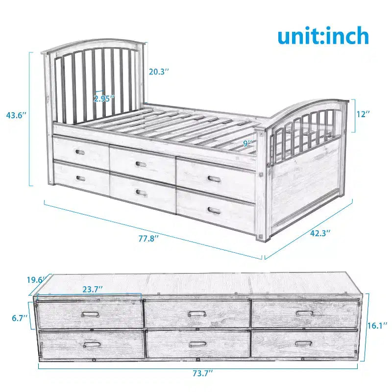 Twin Size Platform Bed with 6 Drawers