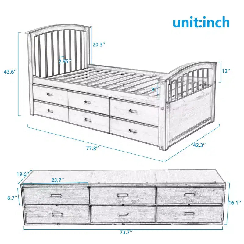 Twin Size Platform Bed with 6 Drawers