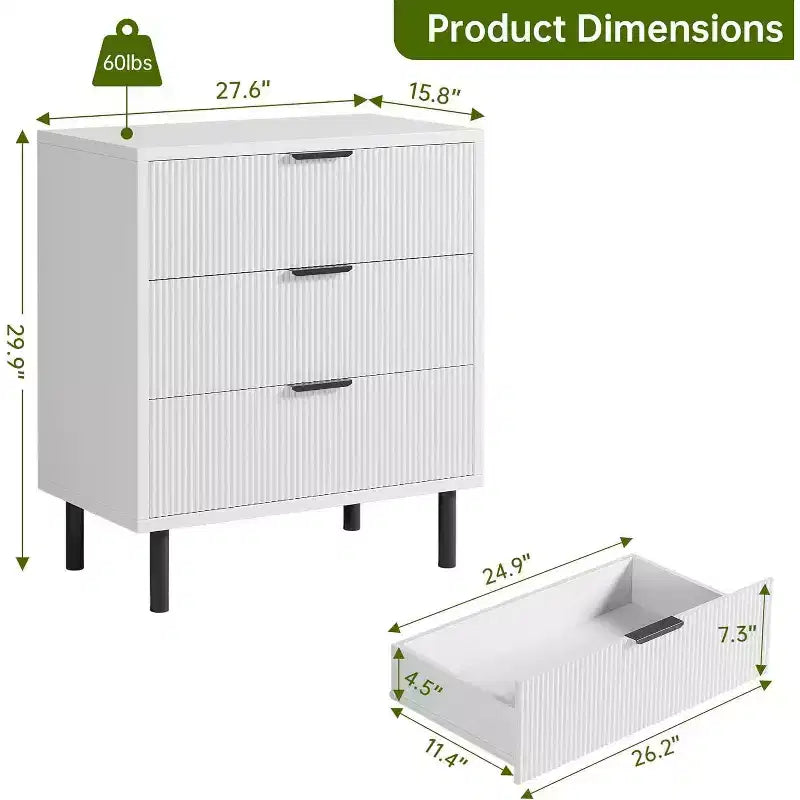 Fluted Dresser with Three Drawers, Wooden Drawer Storage Chest, Modern Storage Chest with Metal Legs, Anti-tip Fixtures, Bedroom, Living Room