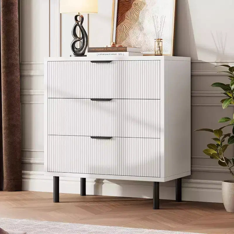 Fluted Dresser with Three Drawers, Wooden Drawer Storage Chest, Modern Storage Chest with Metal Legs, Anti-tip Fixtures, Bedroom, Living Room