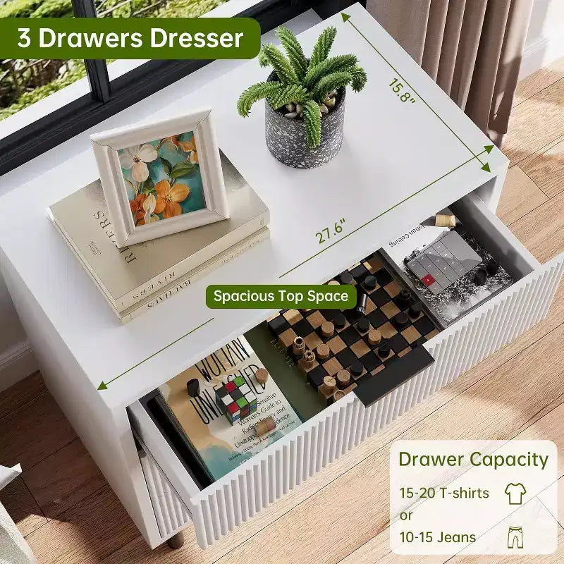 Fluted Dresser with Three Drawers, Wooden Drawer Storage Chest, Modern Storage Chest with Metal Legs, Anti-tip Fixtures, Bedroom, Living Room