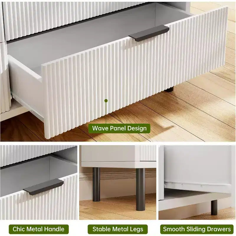 Fluted Dresser with Three Drawers, Wooden Drawer Storage Chest, Modern Storage Chest with Metal Legs, Anti-tip Fixtures, Bedroom, Living Room