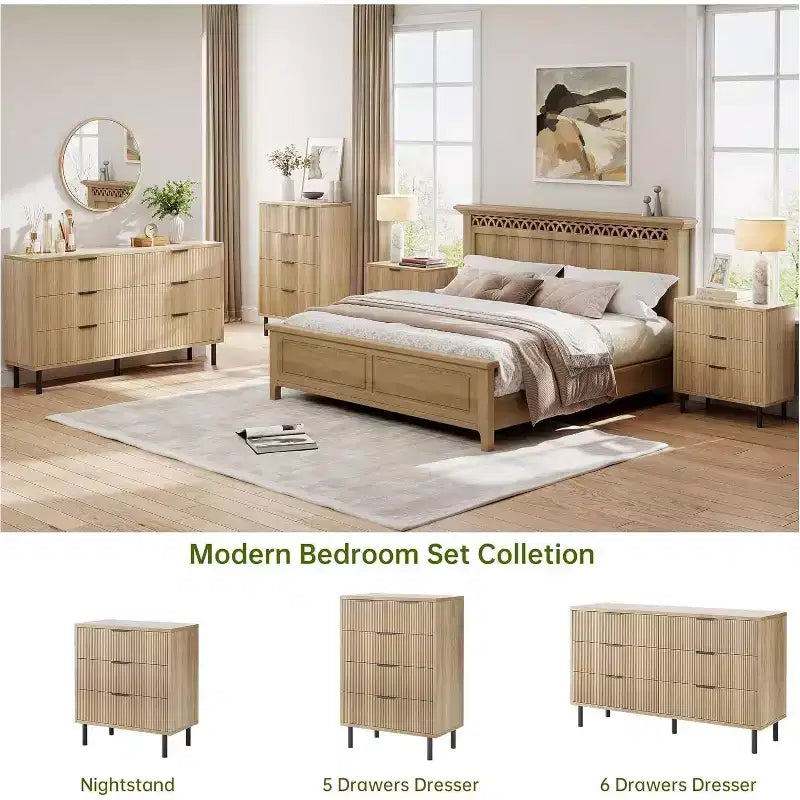 Fluted Dresser with Three Drawers, Wooden Drawer Storage Chest, Modern Storage Chest with Metal Legs, Anti-tip Fixtures, Bedroom, Living Room