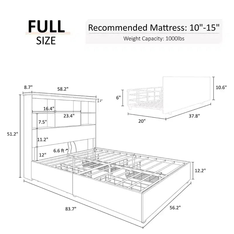 Bed Frame with LED Bookcase Headboard, Wooden Storage Bed with 4 Drawers, Charging Station