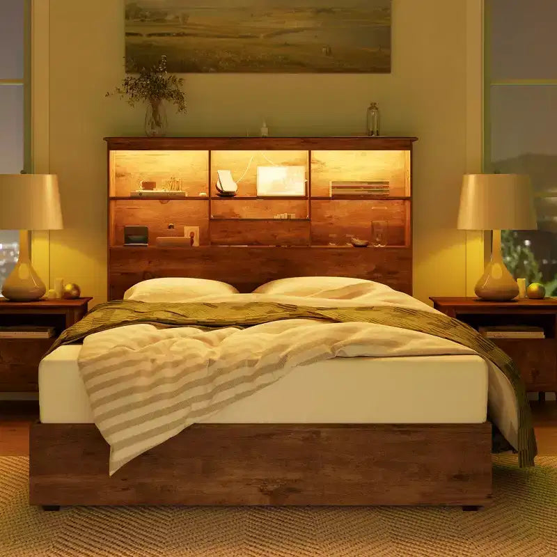 Bed Frame with LED Bookcase Headboard, Wooden Storage Bed with 4 Drawers, Charging Station