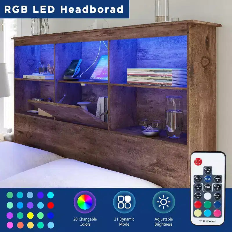 Bed Frame with LED Bookcase Headboard, Wooden Storage Bed with 4 Drawers, Charging Station