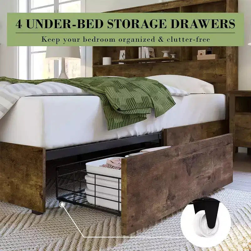 Bed Frame with LED Bookcase Headboard, Wooden Storage Bed with 4 Drawers, Charging Station