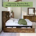 Bed Frame with LED Bookcase Headboard, Wooden Storage Bed with 4 Drawers, Charging Station