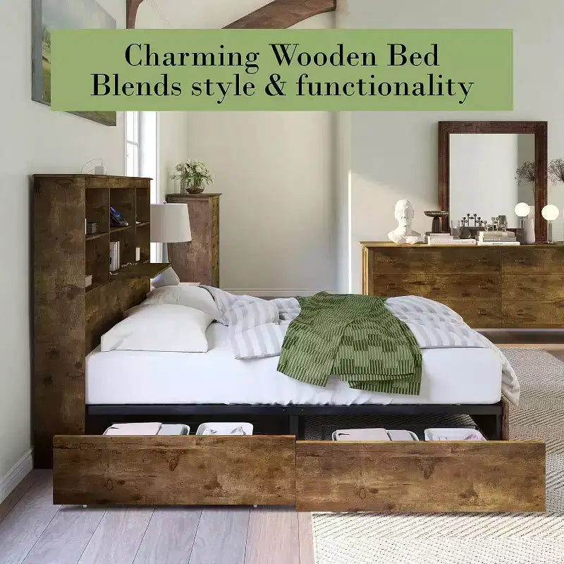 Bed Frame with LED Bookcase Headboard, Wooden Storage Bed with 4 Drawers, Charging Station