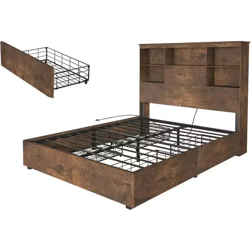 Bed Frame with LED Bookcase Headboard, Wooden Storage Bed with 4 Drawers, Charging Station