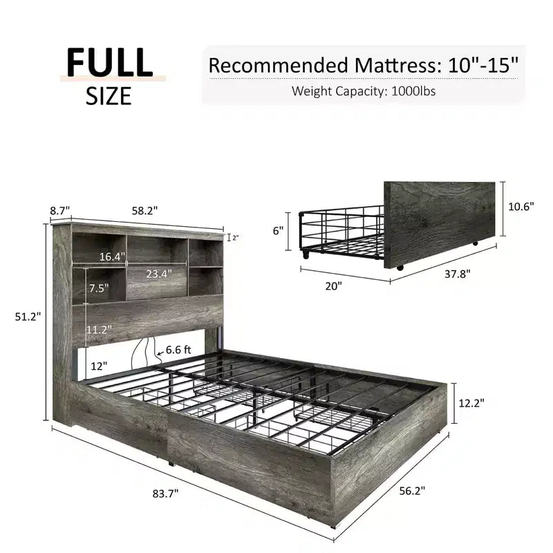 Bed Frame with LED Bookcase Headboard, Wooden Storage Bed with 4 Drawers, Charging Station