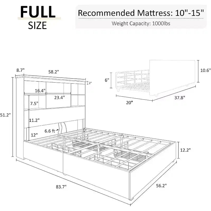 Bed Frame with LED Bookcase Headboard, Wooden Storage Bed with 4 Drawers, Charging Station