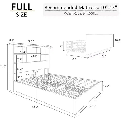 Bed Frame with LED Bookcase Headboard, Wooden Storage Bed with 4 Drawers, Charging Station