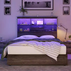 Bed Frame with LED Bookcase Headboard, Wooden Storage Bed with 4 Drawers, Charging Station