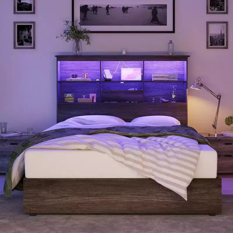 Bed Frame with LED Bookcase Headboard, Wooden Storage Bed with 4 Drawers, Charging Station