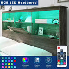 Bed Frame with LED Bookcase Headboard, Wooden Storage Bed with 4 Drawers, Charging Station
