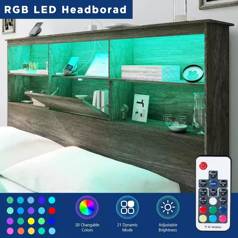 Bed Frame with LED Bookcase Headboard, Wooden Storage Bed with 4 Drawers, Charging Station