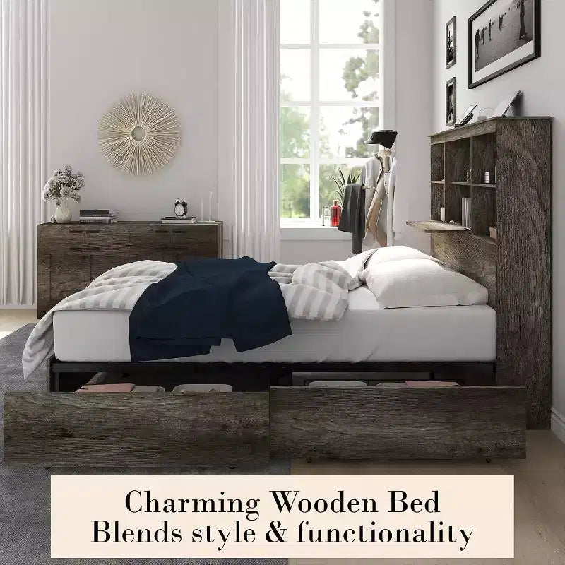 Bed Frame with LED Bookcase Headboard, Wooden Storage Bed with 4 Drawers, Charging Station