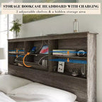 Bed Frame with LED Bookcase Headboard, Wooden Storage Bed with 4 Drawers, Charging Station