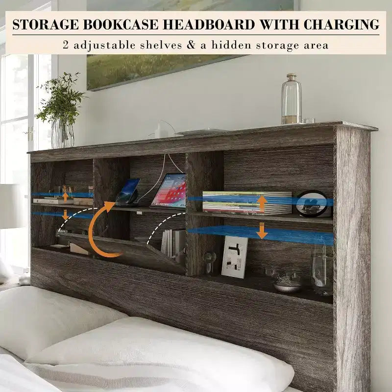 Bed Frame with LED Bookcase Headboard, Wooden Storage Bed with 4 Drawers, Charging Station
