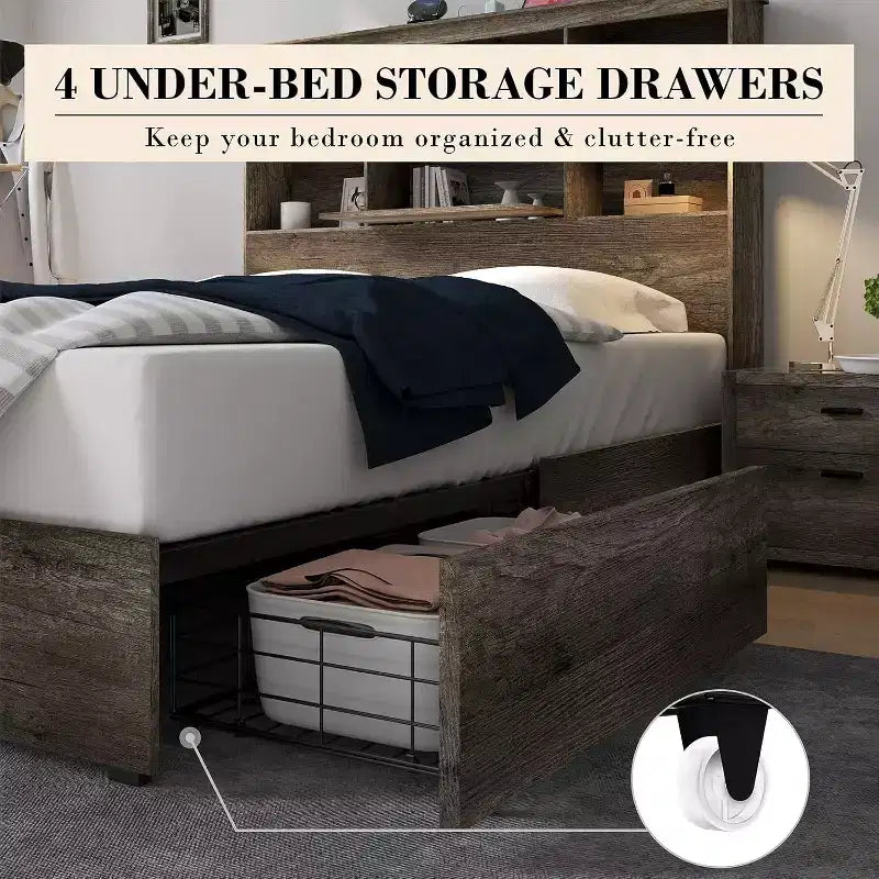 Bed Frame with LED Bookcase Headboard, Wooden Storage Bed with 4 Drawers, Charging Station