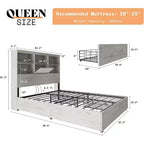 Bed Frame with LED Bookcase Headboard, Wooden Storage Bed with 4 Drawers, Charging Station