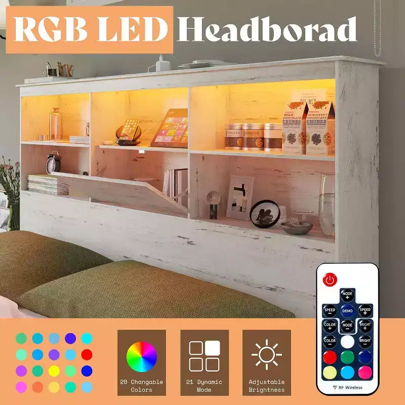 Bed Frame with LED Bookcase Headboard, Wooden Storage Bed with 4 Drawers, Charging Station