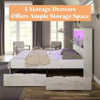 Bed Frame with LED Bookcase Headboard, Wooden Storage Bed with 4 Drawers, Charging Station