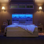 Bed Frame with LED Bookcase Headboard, Wooden Storage Bed with 4 Drawers, Charging Station