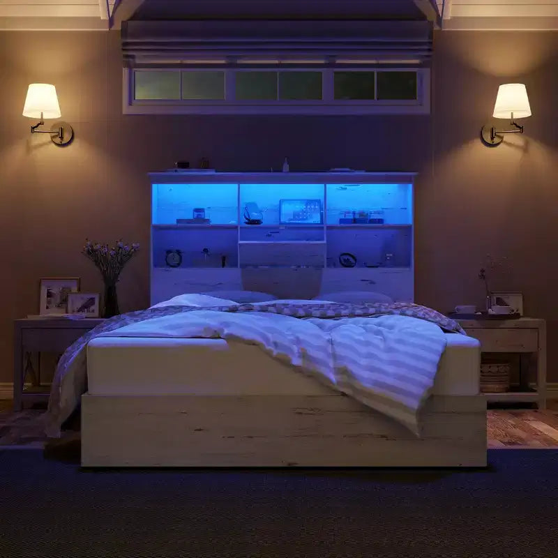 Bed Frame with LED Bookcase Headboard, Wooden Storage Bed with 4 Drawers, Charging Station