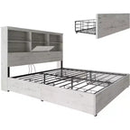 Bed Frame with LED Bookcase Headboard, Wooden Storage Bed with 4 Drawers, Charging Station