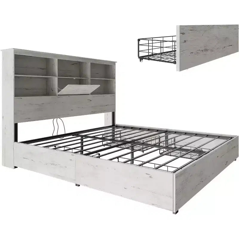 Bed Frame with LED Bookcase Headboard, Wooden Storage Bed with 4 Drawers, Charging Station