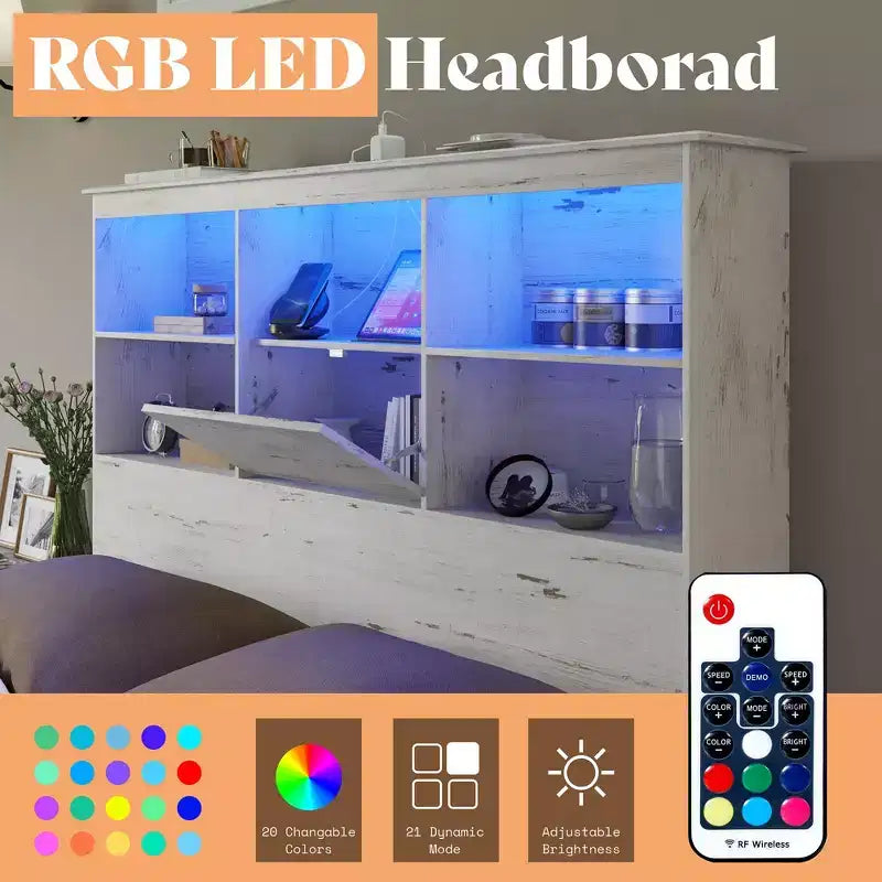 Bed Frame with LED Bookcase Headboard, Wooden Storage Bed with 4 Drawers, Charging Station