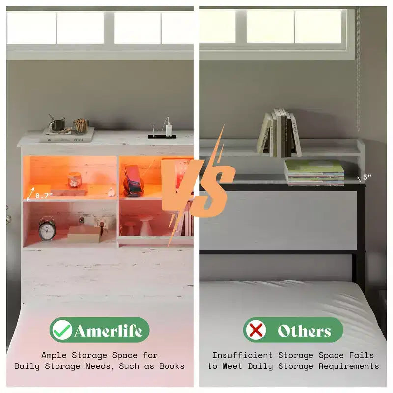 Bed Frame with LED Bookcase Headboard, Wooden Storage Bed with 4 Drawers, Charging Station
