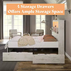 Bed Frame with LED Bookcase Headboard, Wooden Storage Bed with 4 Drawers, Charging Station