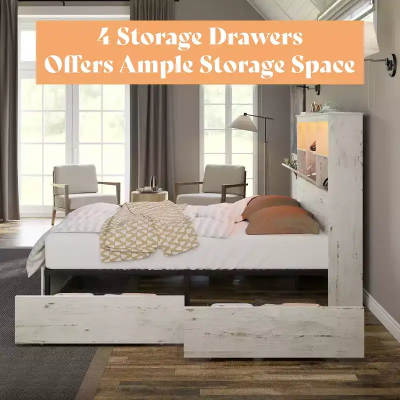 Bed Frame with LED Bookcase Headboard, Wooden Storage Bed with 4 Drawers, Charging Station